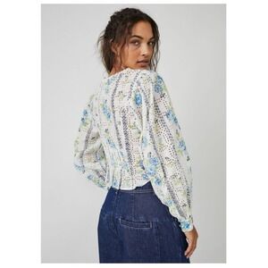 Free People Blossom Eyelet Floral Puff Sleeve Cropped Blouse White Blue Large
